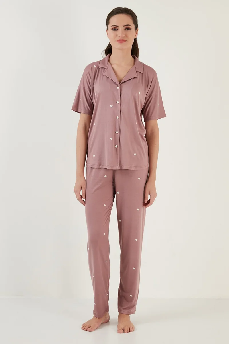 Lela Patterned Short Sleeve Elastic Waist Shirt Collar Woven Pajama Set Women's Pajama Set 6097515