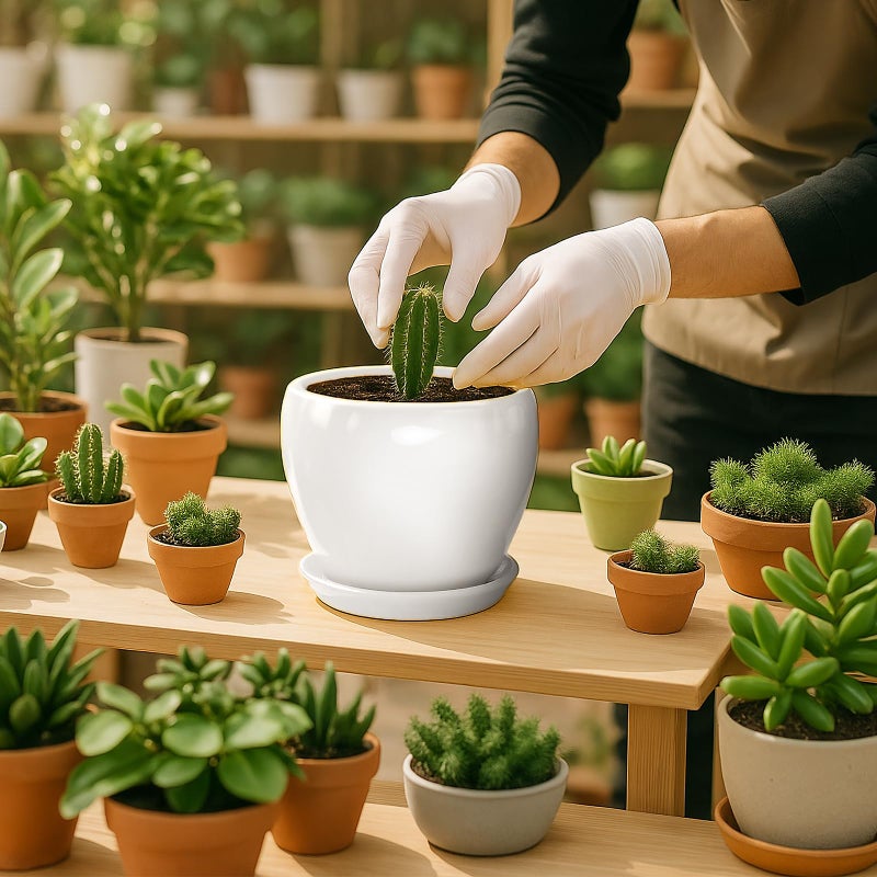DEEPDREAM Deep Dream 6 Inch Plant Pot - Ceramic Planter with Drainage Hole and Trays, Modern Round Flower Pot, Planters for Indoor Outdoor Plants, Home Garden Decor, White - Image 5