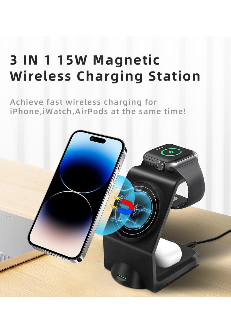 SYOSI - Magnetic Wireless Charging Station, 15W 3 in 1 Wireless Charger,Compatible with iPhone 14,13,12 Pro Max/Pro/Mini/Plus, Fast Wireless Charging Stand Dock for Apple Watch , Black - Image 1
