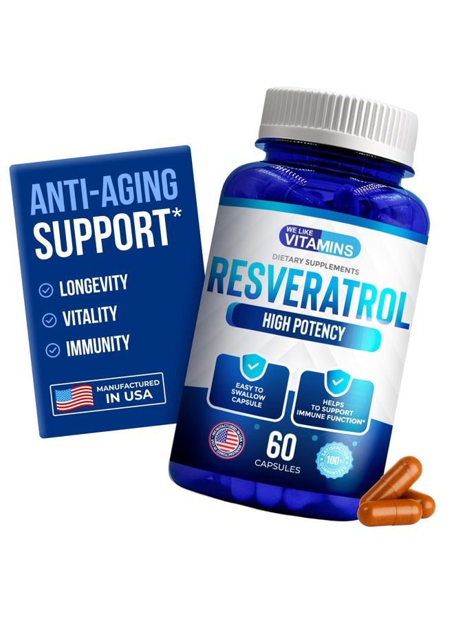 We Like Vitamins Resveratrol 1000mg Per Serving - 60 Easy to Swallow Vegetable Capsules - Natural Resveratrol Supplement 1000mg - Antioxidant Supplement Helps Support Immunity System - Image 1
