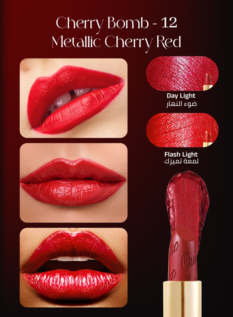 Oulac Metallic 3D Shine Cherry Red Lipstick - Lightweight Hydrating Formula, High Impact Lip Color, Vegan & Gluten Free Beauty, Full Coverage Lip Makeup, 4.3g/0.15oz, Cherry Bomb - 12 - Image 2
