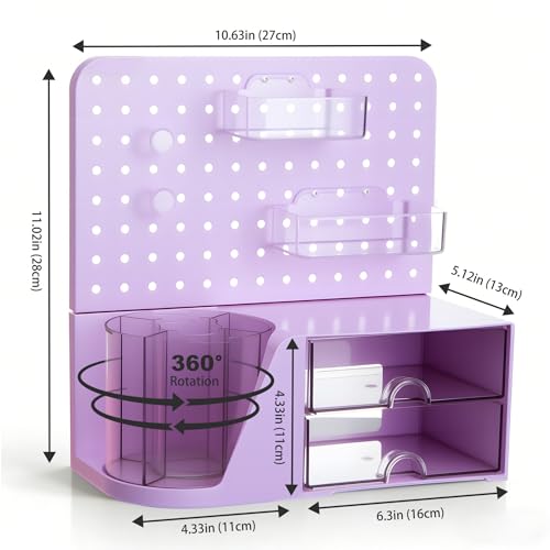 Comix Desk Organizer with Drawer 360 Rotating Pen Holder for Desk Pen Organizer with 5 Slots Pencil HolderPegboard2 Drawer for Office Home Art Supplies Purple - Image 3