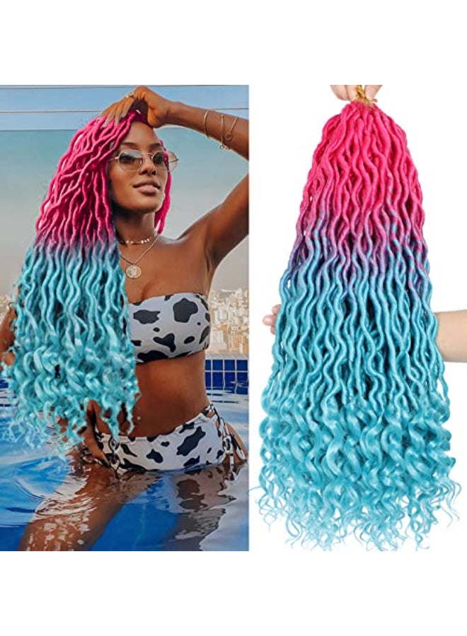 Ms Aloe Curly Faux Locs Crochet Hair 5Pack 120 Strands Pink Lake Blue Ombre Wavy With Curly Ends Pre Looped Goddess Locs for Black Women 20inch PinkLake Blue - Image 1