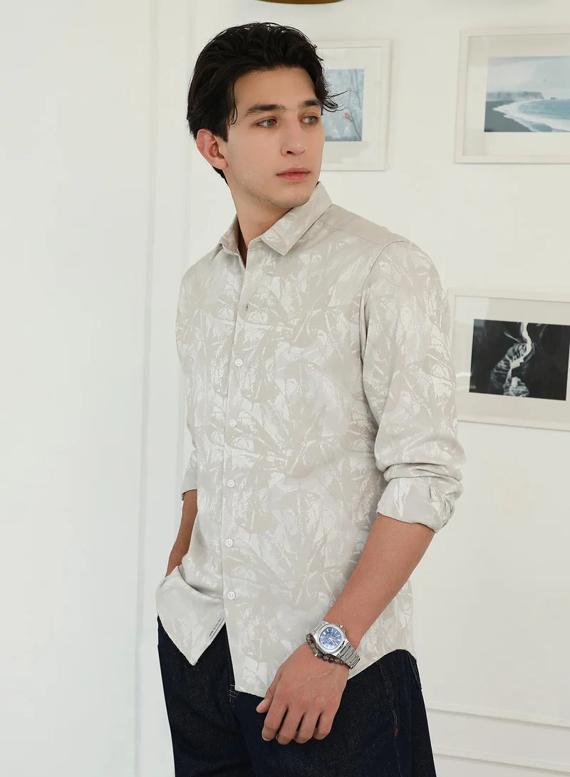 Campus Sutra Campus Sutra Men's Ecru Beige Faded Foliage-Jacquard Shirt | Regular Fit Full Sleeve Point Collar Abstract Pattern | Cotton Blend & Breathable Fabric For Casual & Semi-Formal Wear