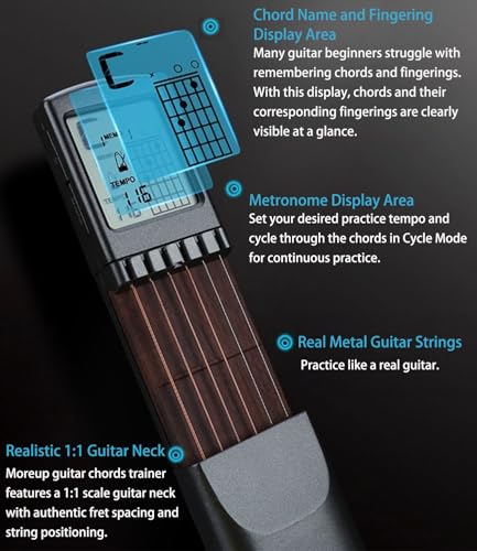 Moreup Pocket Guitar Chord Practice Tool, Portable Guitar Neck for Trainer Beginner w/a Rotatable Chords Chart Screen Battery Included - Image 4