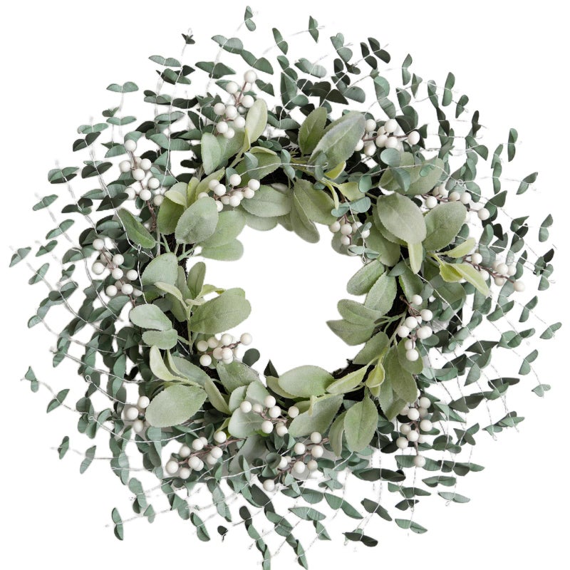 Bibelot Greenery Leaves Boxwood Wreath for Front Door, 22 Inch Green Wreath with White Berries & Lambs Ear, All Season Wreaths for Indoor Outdoor Home Decor - Image 1