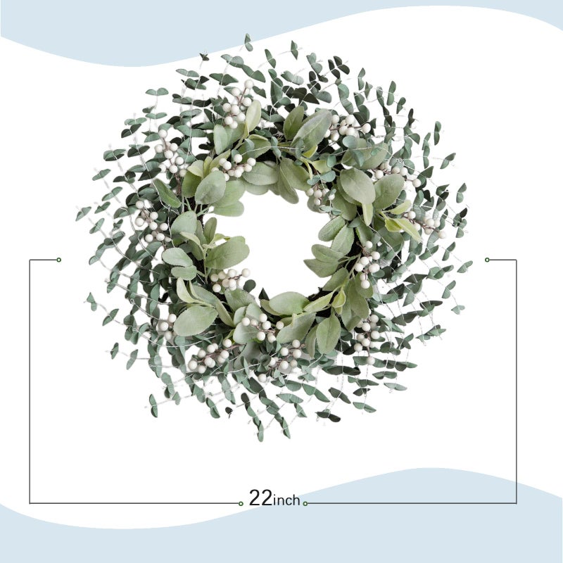 Bibelot Greenery Leaves Boxwood Wreath for Front Door, 22 Inch Green Wreath with White Berries & Lambs Ear, All Season Wreaths for Indoor Outdoor Home Decor - Image 4