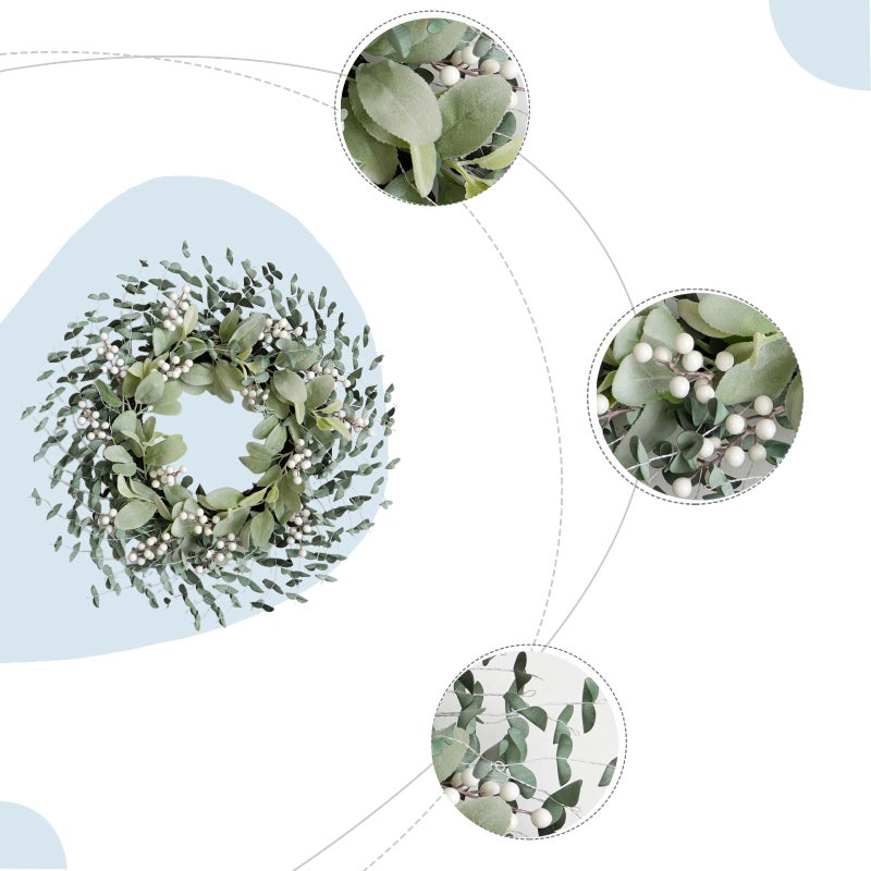 Bibelot Greenery Leaves Boxwood Wreath for Front Door, 22 Inch Green Wreath with White Berries & Lambs Ear, All Season Wreaths for Indoor Outdoor Home Decor - Image 3