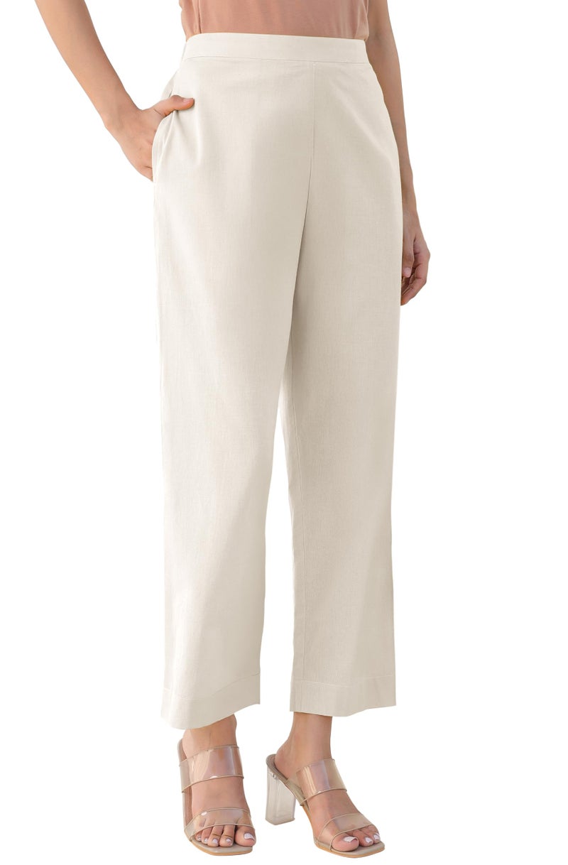Janasya Women's Off White Linen Cotton Solid Staright Pant - Image 1