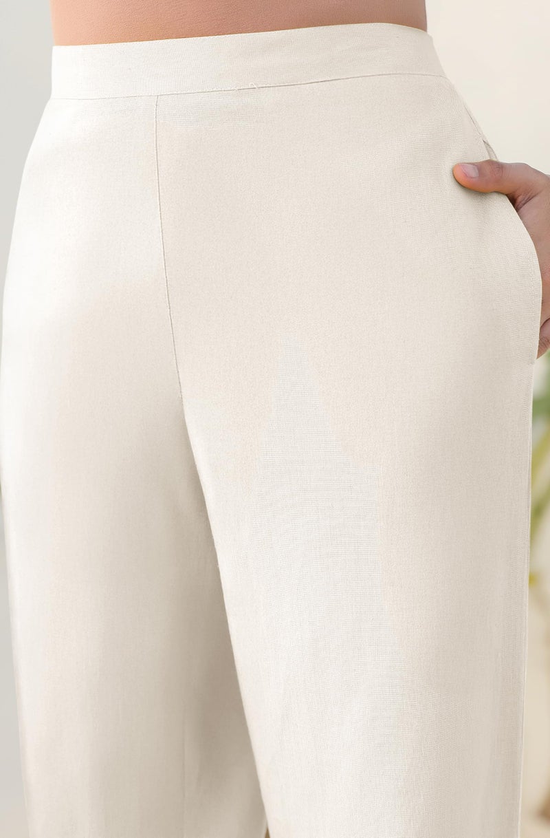 Janasya Women's Off White Linen Cotton Solid Staright Pant - Image 2