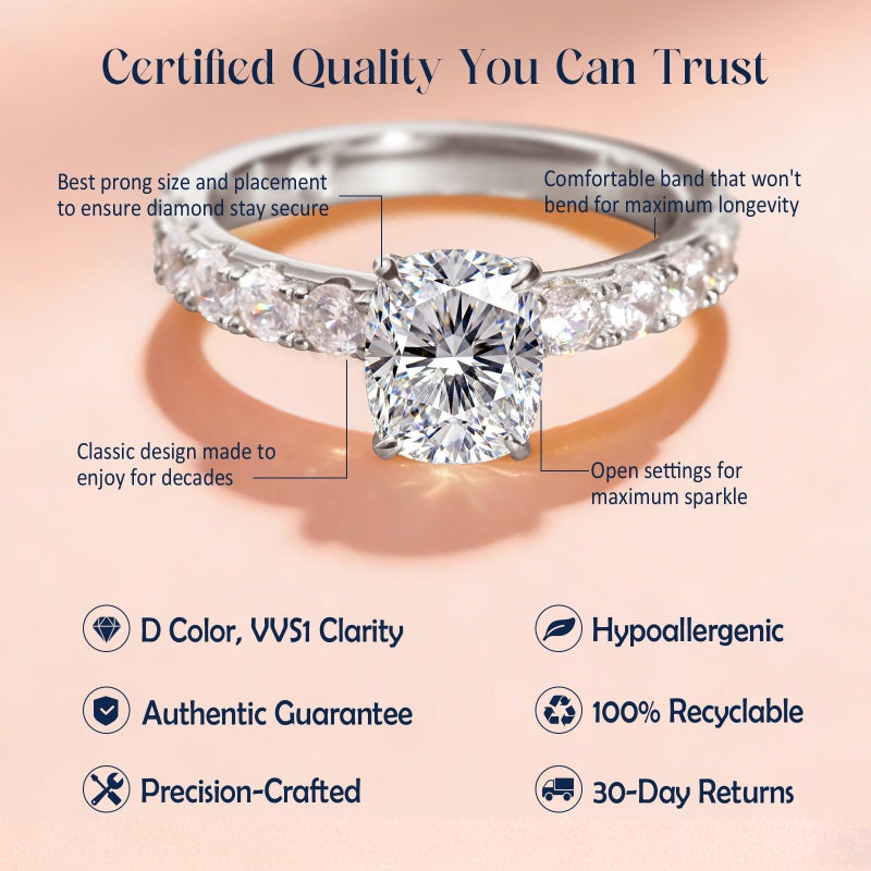 LOIPURI 3CT Moissanite Engagement Rings for Women, Perfect for Romantic Proposal, Elongated Cushion Cut D Color VVS1, Sterling Silver White Gold Plated, Anniversary Valentines Gift Size 7 - Image 4