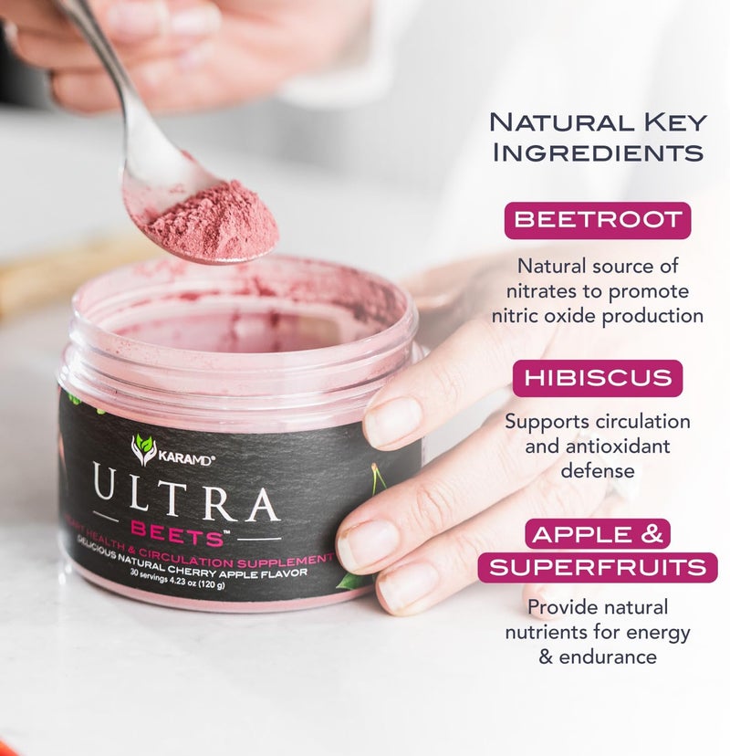 KaraMD UltraBeets  Delicious Beetroot Superfood Powder  Natural Vegan Friendly NonGMO  Gluten Free Nitric Oxide Booster Supplement  Supports Circulation  Energy 30 Concentrated Servings - Image 4