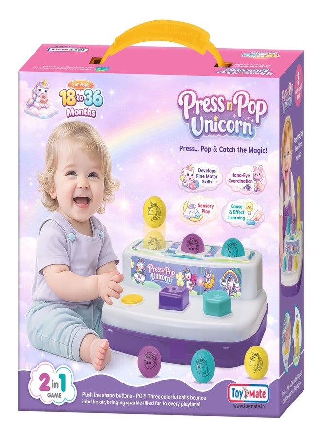 Toymate Press n Pop Unicorn Toy for 18-36 Months | Interactive Pop Up Toy with 6 Unicorn Plates & 3 Balls | Sensory Learning, Fine Motor Skills Toddler - Image 2