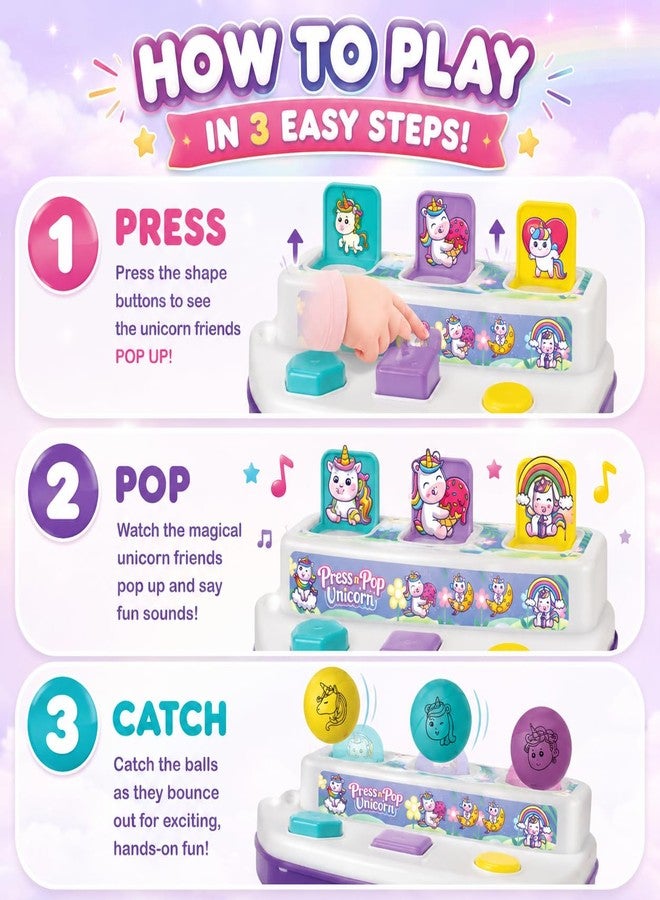 Toymate Press n Pop Unicorn Toy for 18-36 Months | Interactive Pop Up Toy with 6 Unicorn Plates & 3 Balls | Sensory Learning, Fine Motor Skills Toddler - Image 3