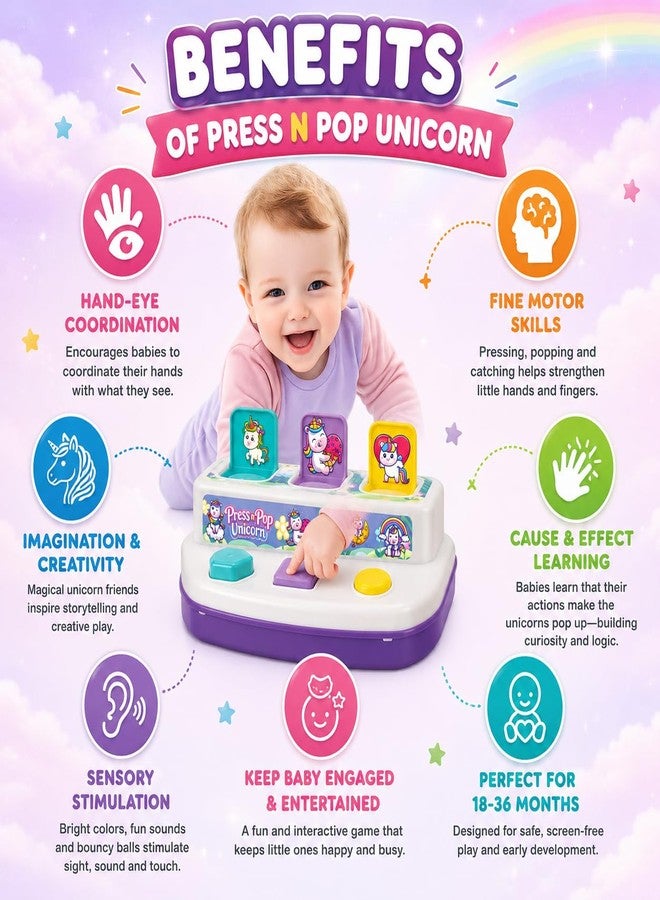 Toymate Press n Pop Unicorn Toy for 18-36 Months | Interactive Pop Up Toy with 6 Unicorn Plates & 3 Balls | Sensory Learning, Fine Motor Skills Toddler - Image 4