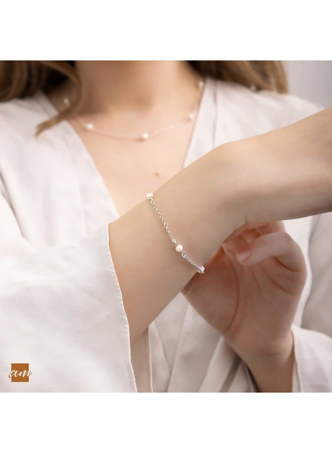 Amberta سوار من اللؤلؤ العذب للنساء من فضة 925: سوار سلسلة لؤلؤ فضي مع لآلئ بحجم 4-5 مم - Image 4