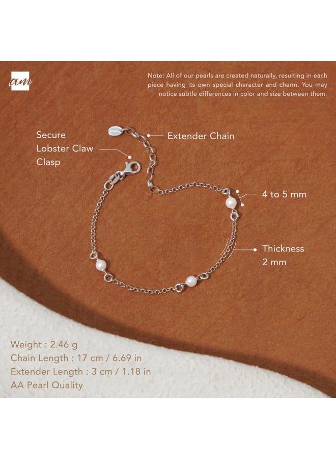 Amberta سوار من اللؤلؤ العذب للنساء من فضة 925: سوار سلسلة لؤلؤ فضي مع لآلئ بحجم 4-5 مم - Image 5