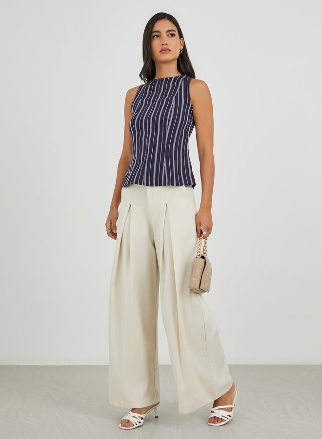 Styli Solid High Rise Inverted Pleated Wide Leg Pants - Image 1