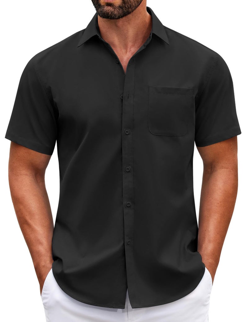 COOFANDY Men's Short Sleeve Dress Shirt Slim Fit Button Down Summer Shirt Black - Image 1