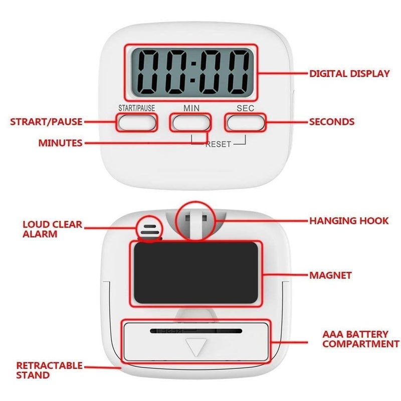 DZOPE Digital Kitchen Timer Stopwatch Countdown Large Digits Loud Alarm Magnetic Stand Round for Cooking Baking Kids Study Teacher Shower Bathroom Oven - Image 3