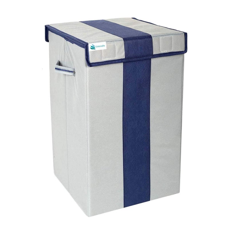 UNICRAFTS Durable And Collapsible 68 L Foldable Laundry Storage Basket With Lid And Side Handles For Clothes Toys GreyBlueEngineered Wood - Image 1