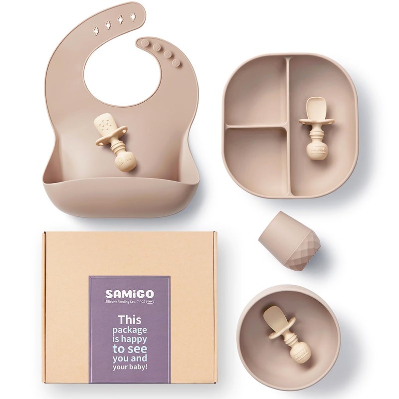 SAMiGO Silicone Baby Feeding Set Baby Led Weaning Supplies Suction Bowl Plate Bib Cup Self Feeding Spoons Solid Food Eating Essentials First Stage Utensils 6 Months