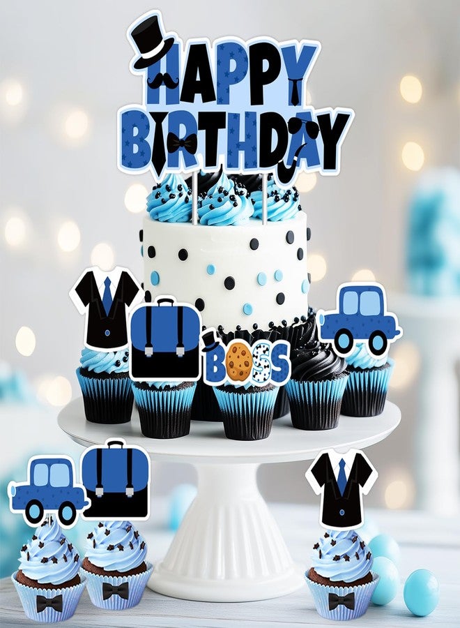 Merrystorm زينة كعكة عيد ميلاد سعيد باللون الأزرق والأسود على شكل رئيس، زينة كعكة عيد ميلاد سعيد على شكل رئيس، زينة كب كيك للأطفال على شكل رئيس، زينة كعكة عيد ميلاد للأولاد، زينة حفل استقبال المولود، زينة حفل عيد الميلاد الأول والثاني والثالث، مستلزمات حفلات أعياد الميلاد - Image 2