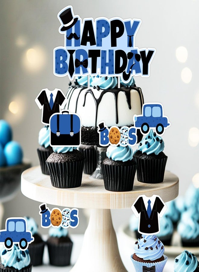 Merrystorm زينة كعكة عيد ميلاد سعيد باللون الأزرق والأسود على شكل رئيس، زينة كعكة عيد ميلاد سعيد على شكل رئيس، زينة كب كيك للأطفال على شكل رئيس، زينة كعكة عيد ميلاد للأولاد، زينة حفل استقبال المولود، زينة حفل عيد الميلاد الأول والثاني والثالث، مستلزمات حفلات أعياد الميلاد - Image 3