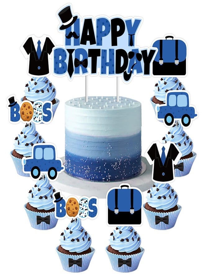 Merrystorm زينة كعكة عيد ميلاد سعيد باللون الأزرق والأسود على شكل رئيس، زينة كعكة عيد ميلاد سعيد على شكل رئيس، زينة كب كيك للأطفال على شكل رئيس، زينة كعكة عيد ميلاد للأولاد، زينة حفل استقبال المولود، زينة حفل عيد الميلاد الأول والثاني والثالث، مستلزمات حفلات أعياد الميلاد - Image 1