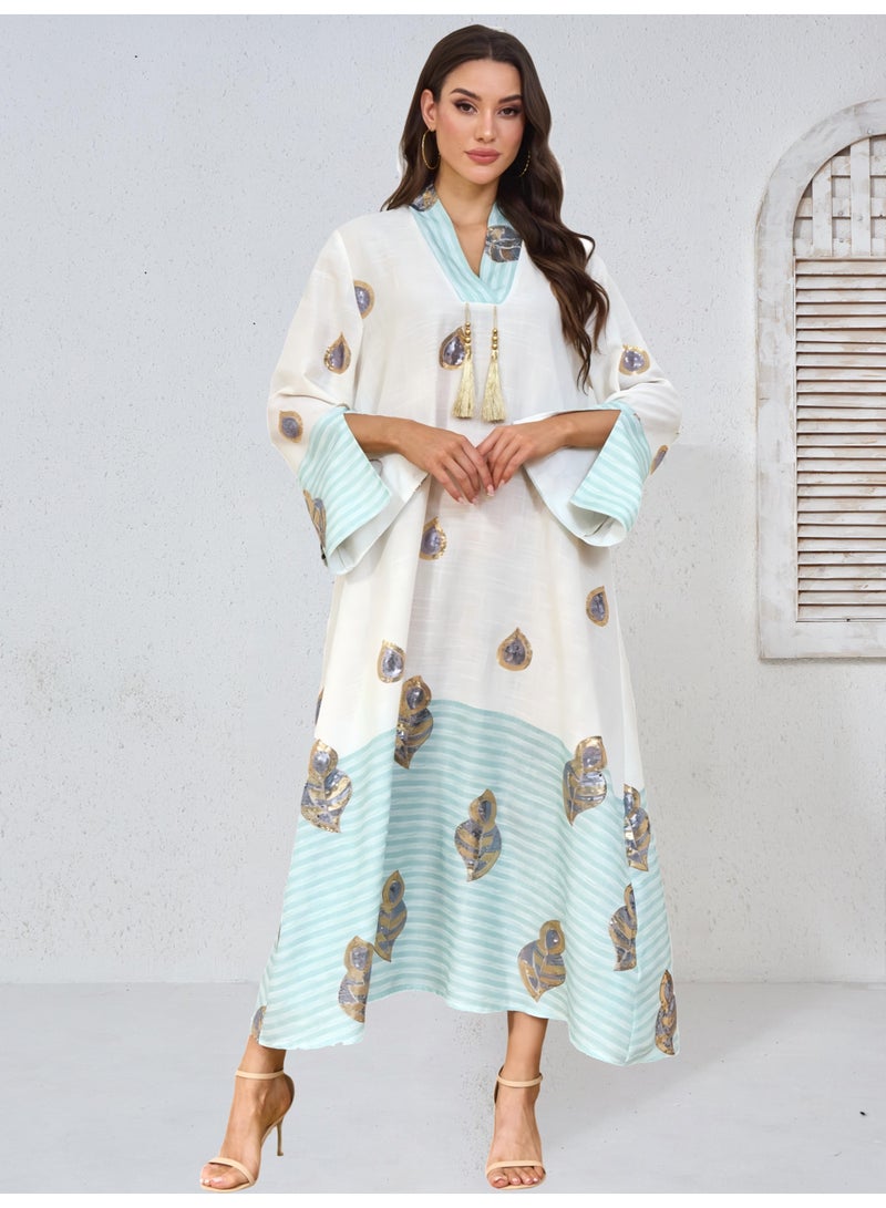 Kaiyuede Dubai Mint Green Gradient Gold Foil Sequin Abaya | Tassel V-Neck Flare Sleeve Opaque Lined Modest Dress for Eid & Daily Wear - Image 1