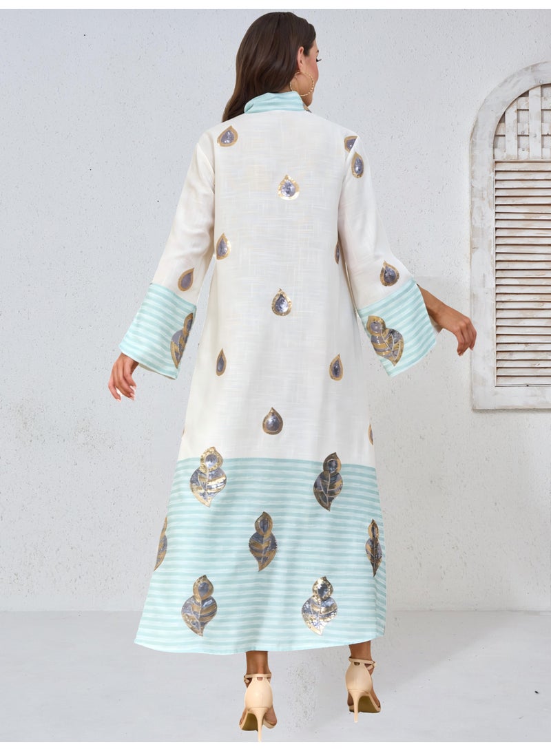 Kaiyuede Dubai Mint Green Gradient Gold Foil Sequin Abaya | Tassel V-Neck Flare Sleeve Opaque Lined Modest Dress for Eid & Daily Wear - Image 2