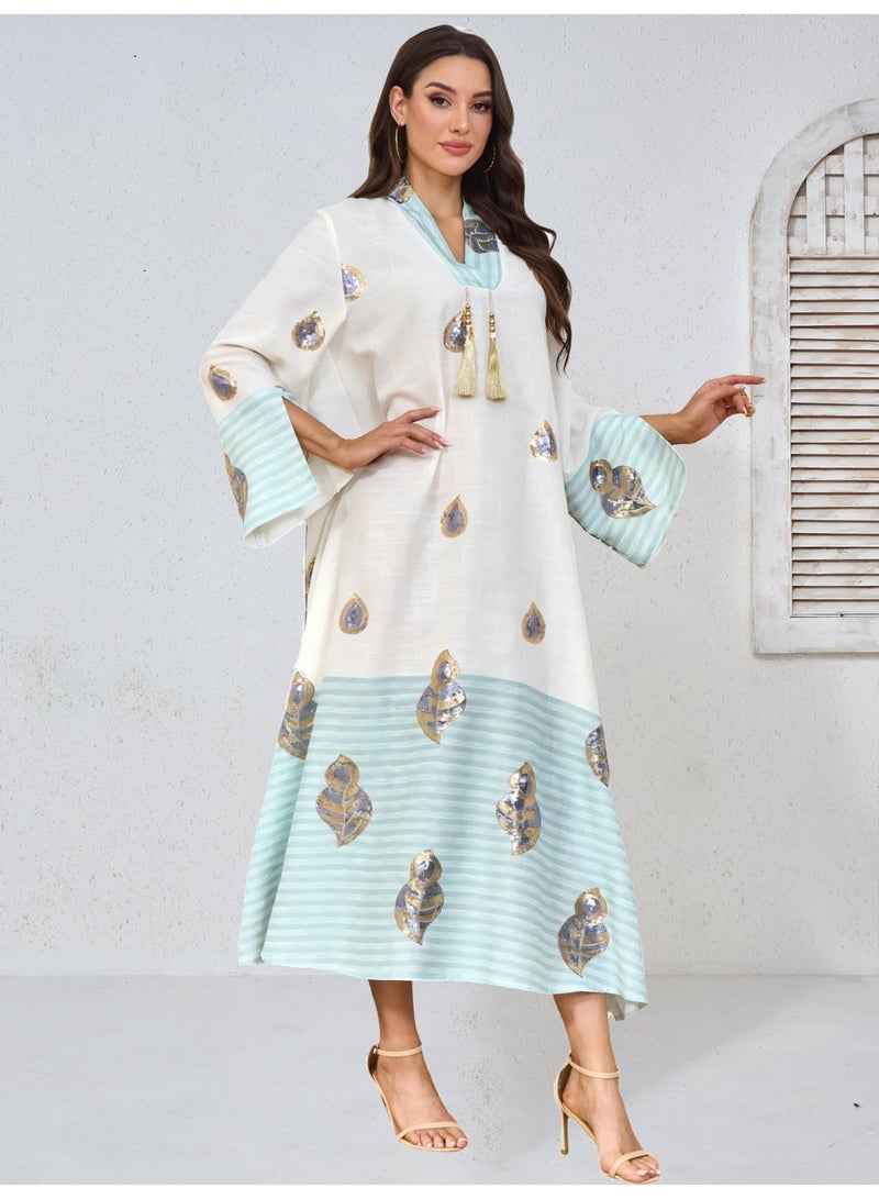 Kaiyuede Dubai Mint Green Gradient Gold Foil Sequin Abaya | Tassel V-Neck Flare Sleeve Opaque Lined Modest Dress for Eid & Daily Wear - Image 4