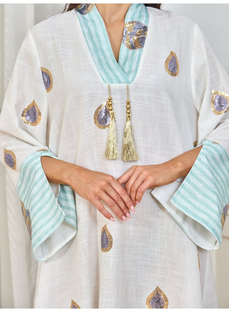 Kaiyuede Dubai Mint Green Gradient Gold Foil Sequin Abaya | Tassel V-Neck Flare Sleeve Opaque Lined Modest Dress for Eid & Daily Wear - Image 3