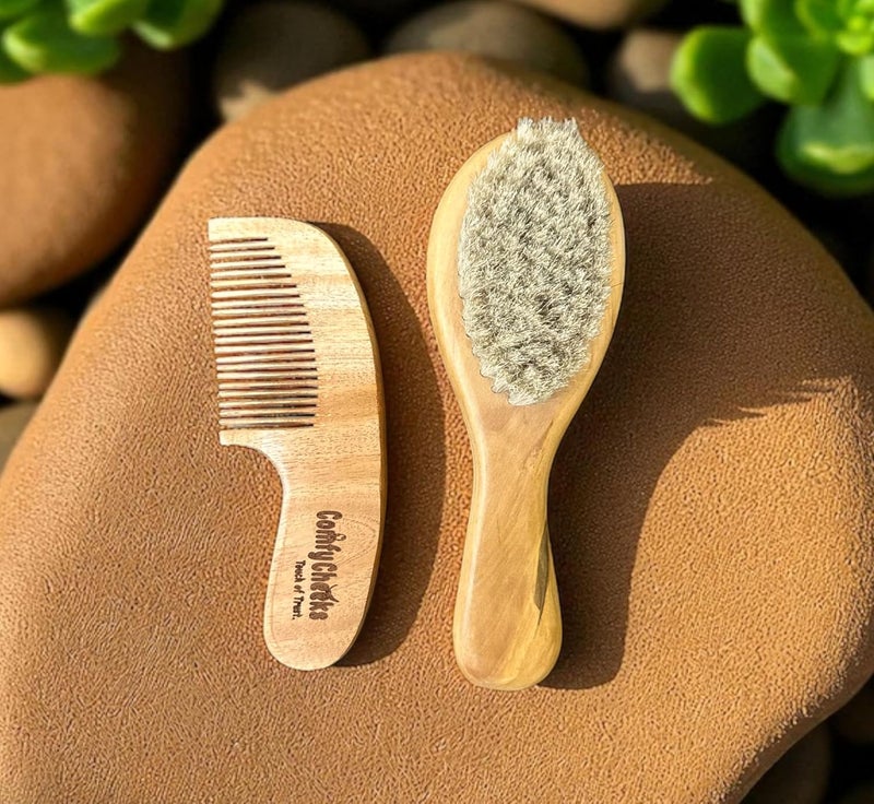 Comfy Cheeks Baby Hair Brush and Comb Set for Newborns | Natural Wood Handle & Soft Bristles | BPA-Free Grooming Set for Infants & Toddlers | Gentle on Cradle Cap & Sensitive Skin | Unisex Baby Hair Care Gift - Image 1