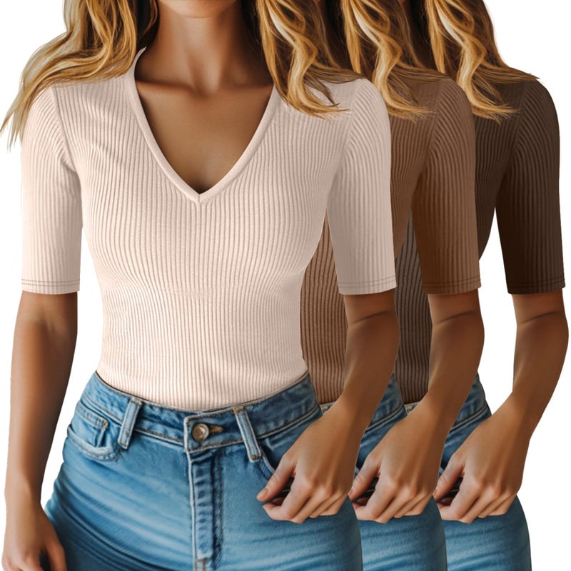 Riyiper 3 Pack Women's Half Sleeve Top Elbow Length Ribbed Cotton T Shirt Women V Neck Summer Tee Slim Fit Casual Blouses(Mocha, Khaki, Cream,Medium) - Image 1