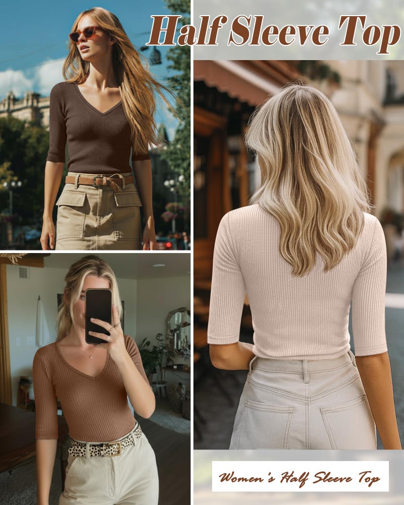 Riyiper 3 Pack Women's Half Sleeve Top Elbow Length Ribbed Cotton T Shirt Women V Neck Summer Tee Slim Fit Casual Blouses(Mocha, Khaki, Cream,Medium) - Image 4