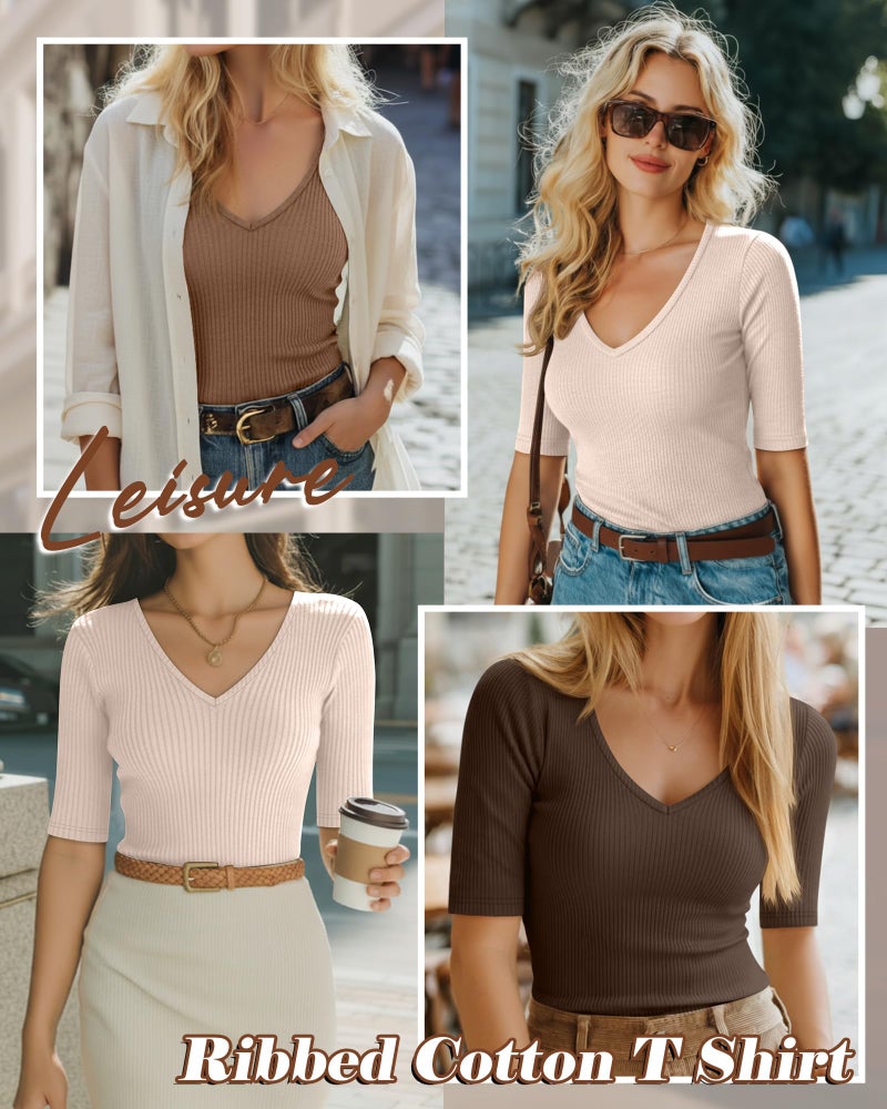 Riyiper 3 Pack Women's Half Sleeve Top Elbow Length Ribbed Cotton T Shirt Women V Neck Summer Tee Slim Fit Casual Blouses(Mocha, Khaki, Cream,Medium) - Image 2