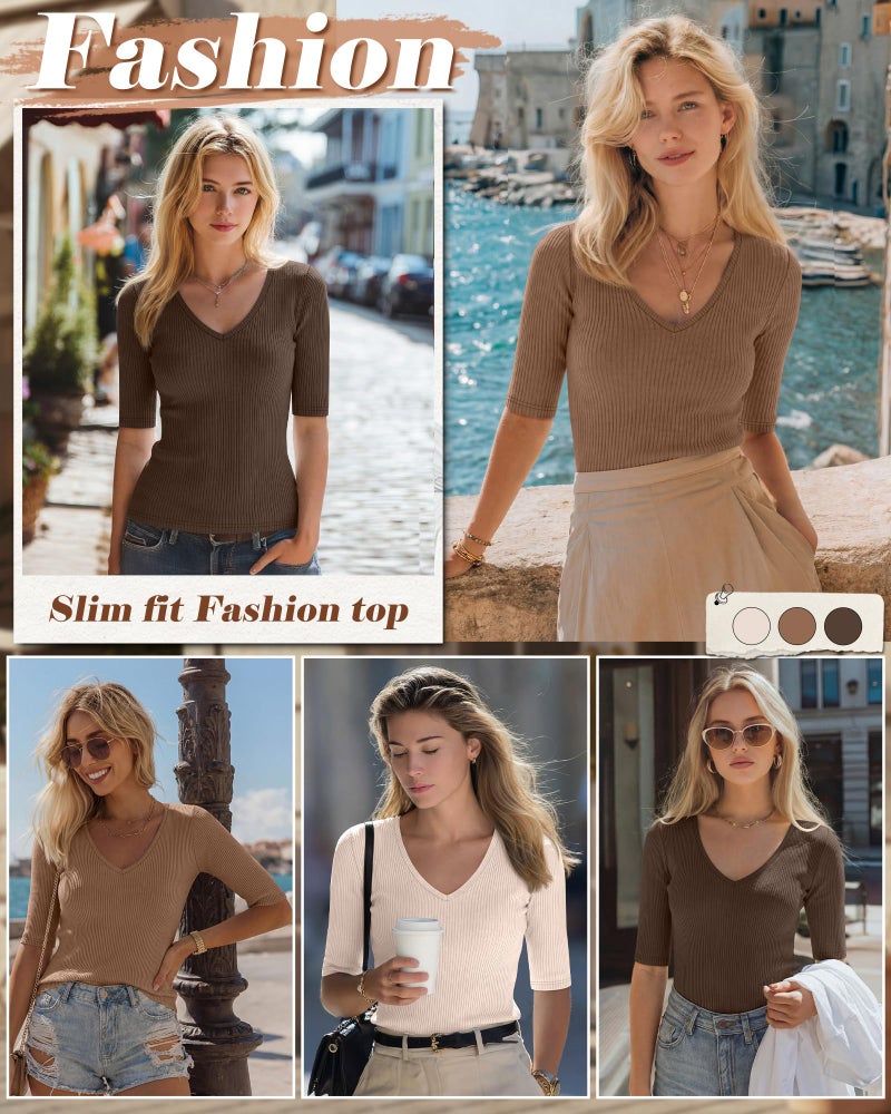 Riyiper 3 Pack Women's Half Sleeve Top Elbow Length Ribbed Cotton T Shirt Women V Neck Summer Tee Slim Fit Casual Blouses(Mocha, Khaki, Cream,Medium) - Image 3