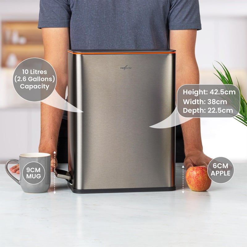 RED FACTOR Slim 2.6 Gallon Stainless Steel Pedal Trash Can with Soft Close Lid for Narrow Spaces â€“ Wastebasket Bin with Removable Inner Bucket for Bathroom, Kitchen, Bedroom or Office (Metallic Gray) - Image 3