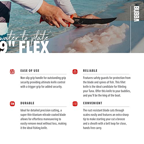 BUBBA 9 Inch Flex Fillet Knife with Non-Slip Grip Handle, Full Tang Stainless Steel Titanium Bonded Blade, Lanyard Hole and Synthetic Sheath for Fishing - Image 4