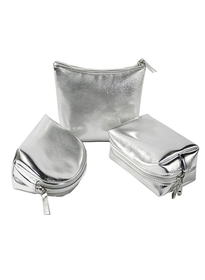 Artkingdome 3-Piece Fashion Organizer Makeup Bags - Silver Cosmetic Bags, Portable Travel Toiletry Bags, Multifunctional Storage for Skincare, Cosmetics, and Accessories Silver - Image 1