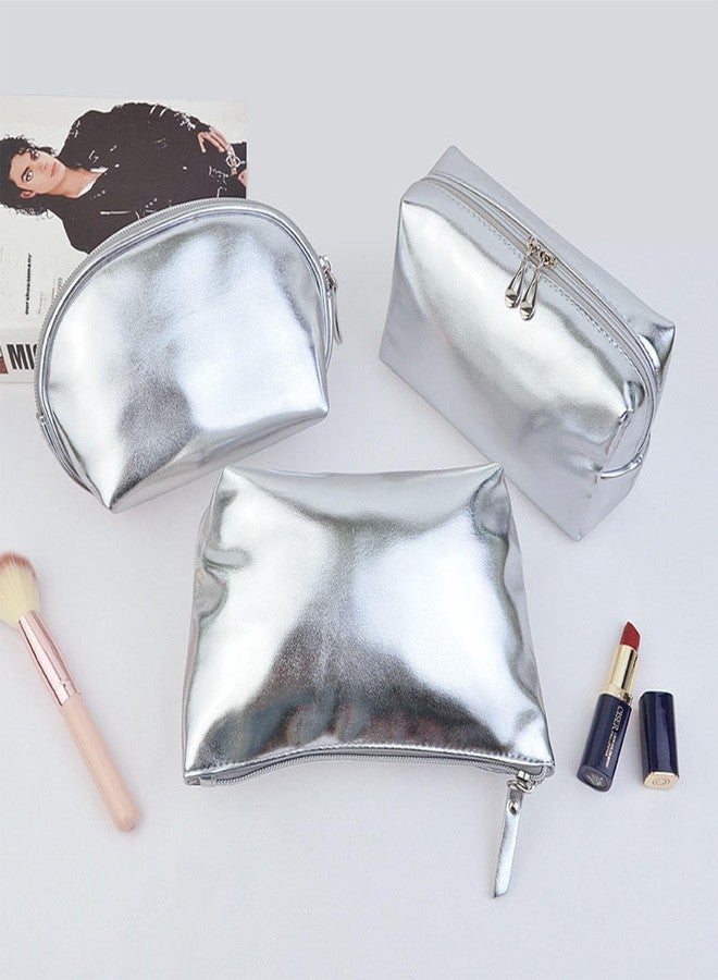 Artkingdome 3-Piece Fashion Organizer Makeup Bags - Silver Cosmetic Bags, Portable Travel Toiletry Bags, Multifunctional Storage for Skincare, Cosmetics, and Accessories Silver - Image 2