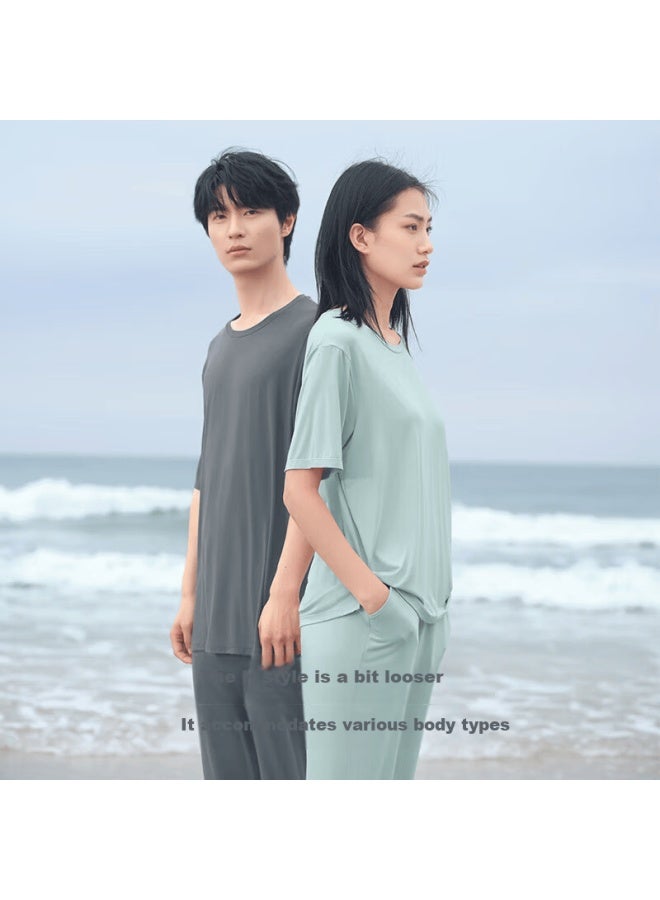 Agentmuse Bare-feel Sleepwear Women Tencel Modal Couple Loose Short Sleeve Long Pants Homewear Set 868t Tranquil Green Xxl - Image 3