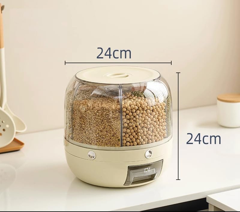 Delavala Large Grain Dispenser, Grain - Rice Storage Container Kitchen, 360° Rotating 6 Grid Cereal Dispenser, Dry Food Soybean Corn Sugar Flour Dog Cat Food spice Rack Dispenser Bucket (white, 24 cm) - Image 3