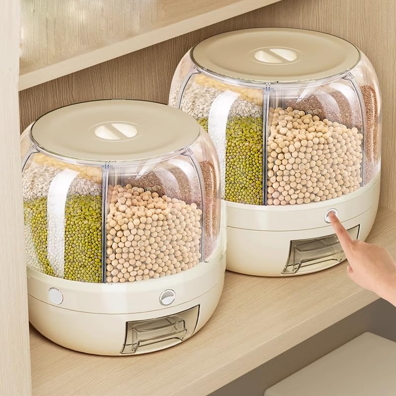 Delavala Large Grain Dispenser, Grain - Rice Storage Container Kitchen, 360° Rotating 6 Grid Cereal Dispenser, Dry Food Soybean Corn Sugar Flour Dog Cat Food spice Rack Dispenser Bucket (white, 24 cm) - Image 1