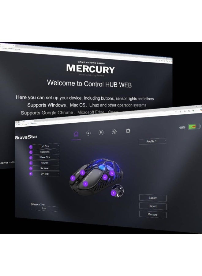 جرافا ستار ماوس جيمنغ لاسلكي GravaStar Mercury X، بحساس PAW 3950 بدقة 32000 دبوس، معدل استجابة 1000 هرتز، وزن 49 جرام، إطار فارغ من سبائك المغنيسيوم، إضاءة RGB، 5 أزرار قابلة للبرمجة، لون فضي فضائي | Mercury X - Image 4
