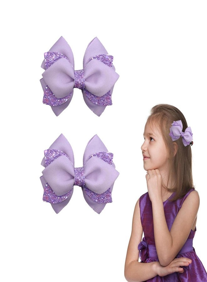 KGCGJVB 2Pcs Purple Hair Bows for Girls Lavender Sparkly Ribbon Clips Light Sequin Bow Accessories Barrettes Pins Boutique Hair Clips for Girl Dress Decor 4" - Image 1