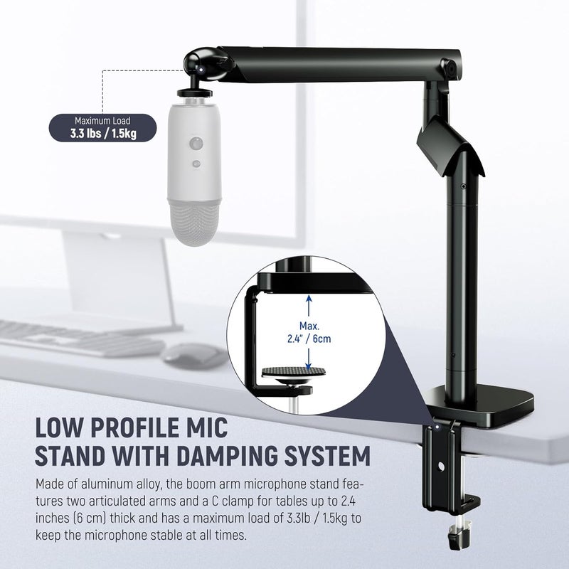 Neewer Heavy load resistant Microphone Stand, Low Profile Damped Mic Holder Boom Arm Desk Mount with Ball Head & 3/8" 5/8" Adapters Compatible with Blue Yeti Snowball HyperX QuadCast SoloCast Shure, Max Load 3.3 lb, MS007 Personal & public compatible - Image 2