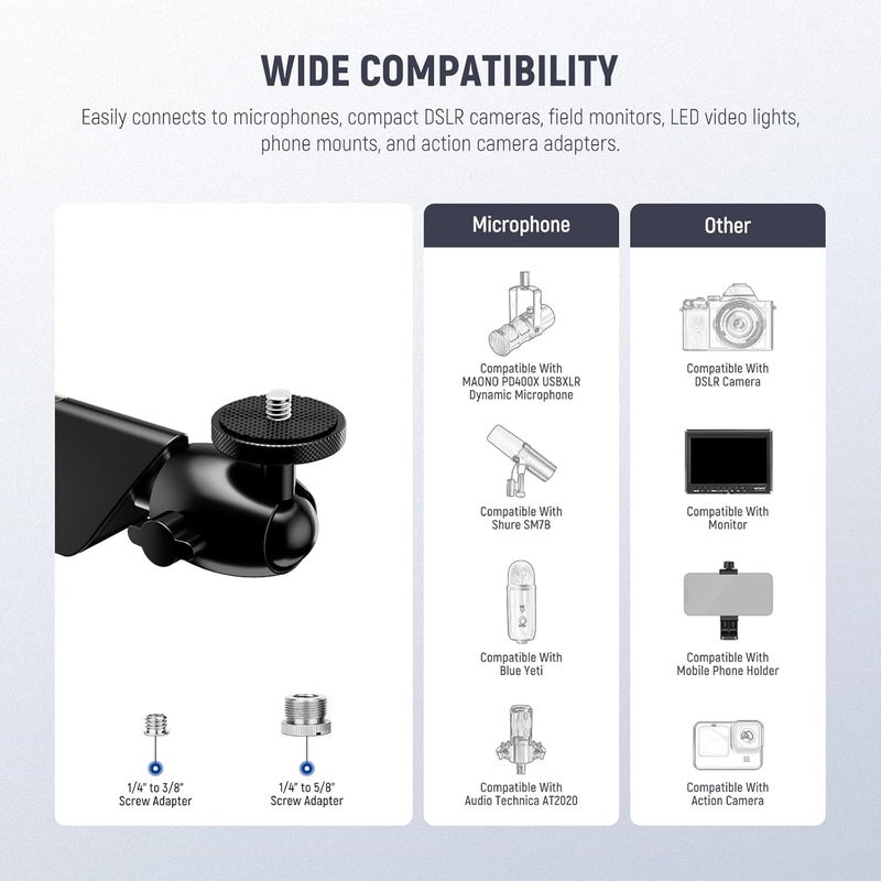 Neewer Heavy load resistant Microphone Stand, Low Profile Damped Mic Holder Boom Arm Desk Mount with Ball Head & 3/8" 5/8" Adapters Compatible with Blue Yeti Snowball HyperX QuadCast SoloCast Shure, Max Load 3.3 lb, MS007 Personal & public compatible - Image 5