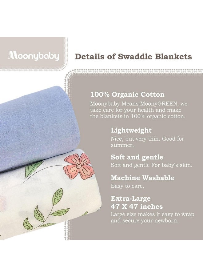 moonybaby 100% Organic Swaddle Helps to Reduce The Moro Reflex, Certified by Oeko-TEX Standard 100, 47 x 47 inches, 2 Pack, Color: Blue & Flower - Image 2